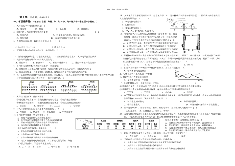 人教高中生物必修稳态与环境测试题含答案_第1页