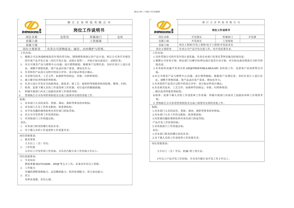 仓库岗位说明书_第1页