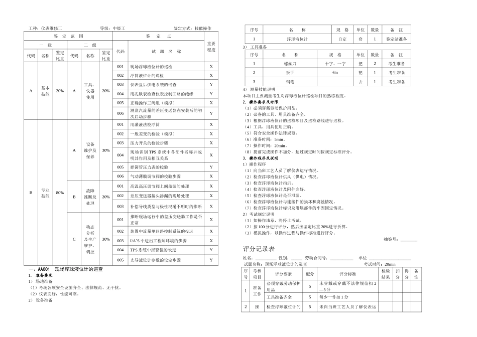仪表维修工中级技能操作试题_第1页