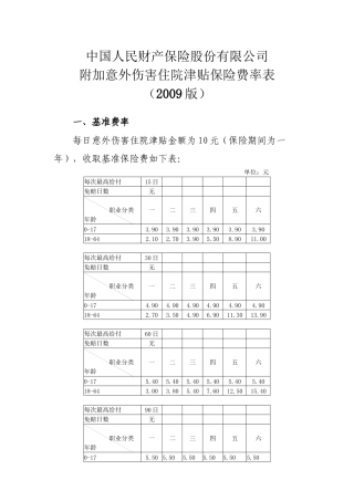 8.附加意外伤害住院津贴保险条款(2009版)的费率-人保财险(备-健康)[2010]附1946号