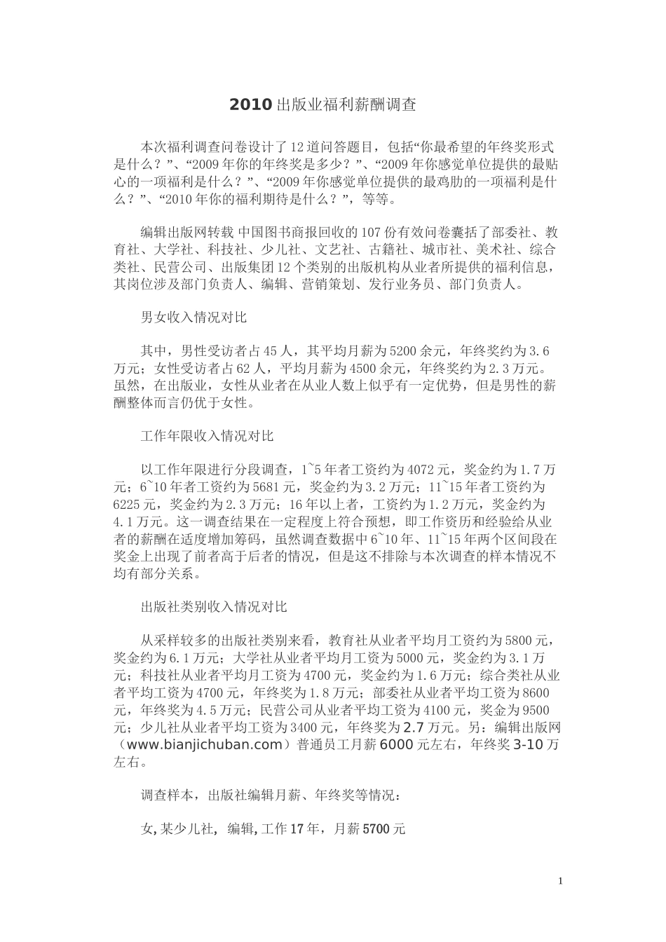 2010出版业福利薪酬调查_第1页