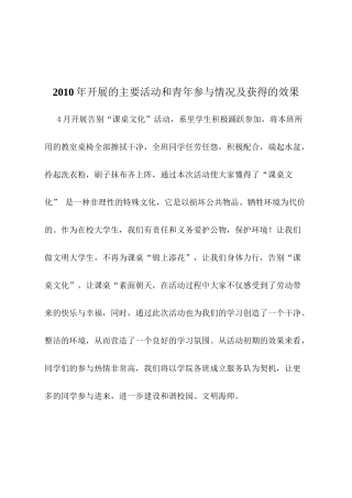 2010年开展的主要活动和青年参与情况及获得的效果