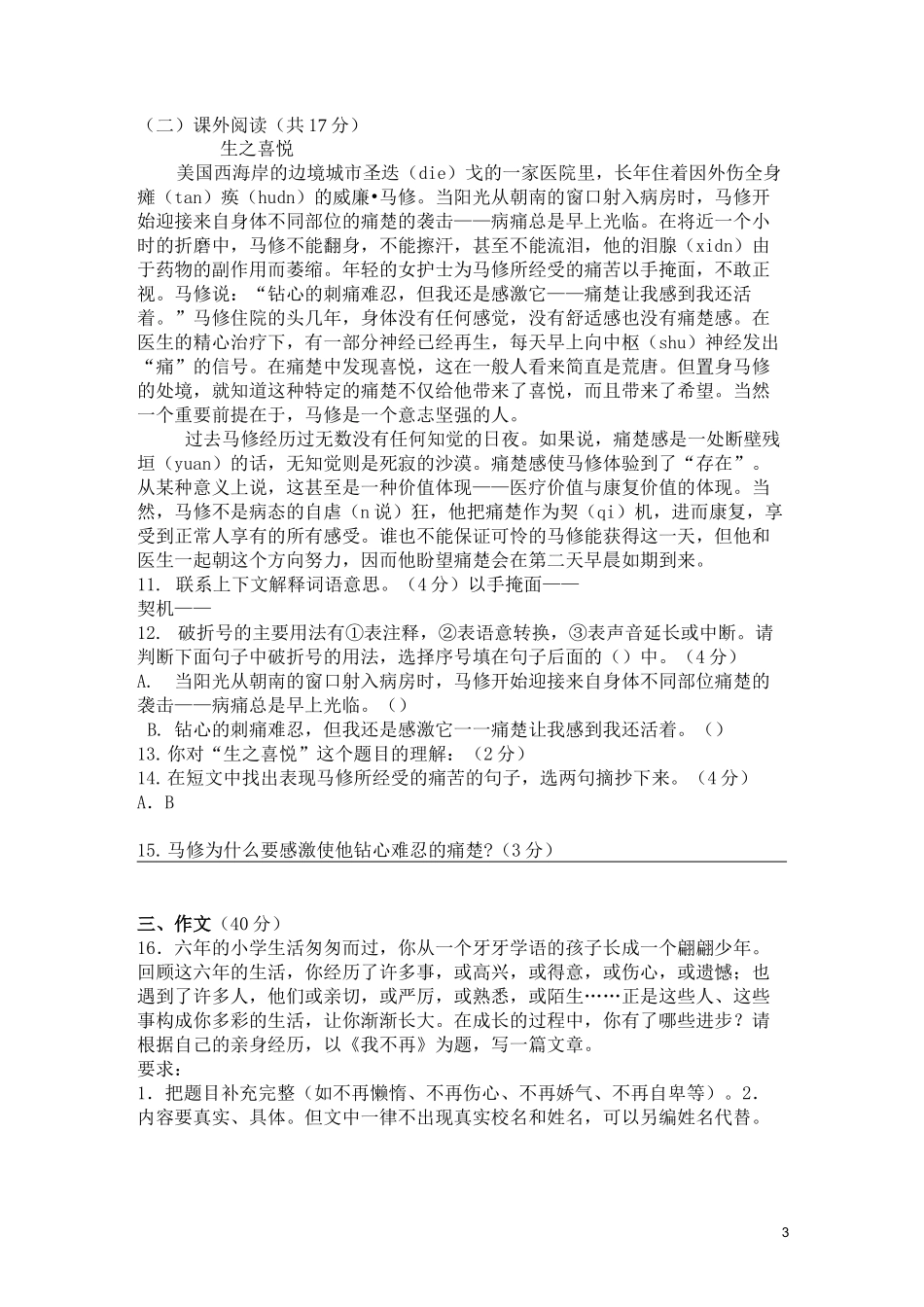 人教版小升初语文试题及答案_第3页