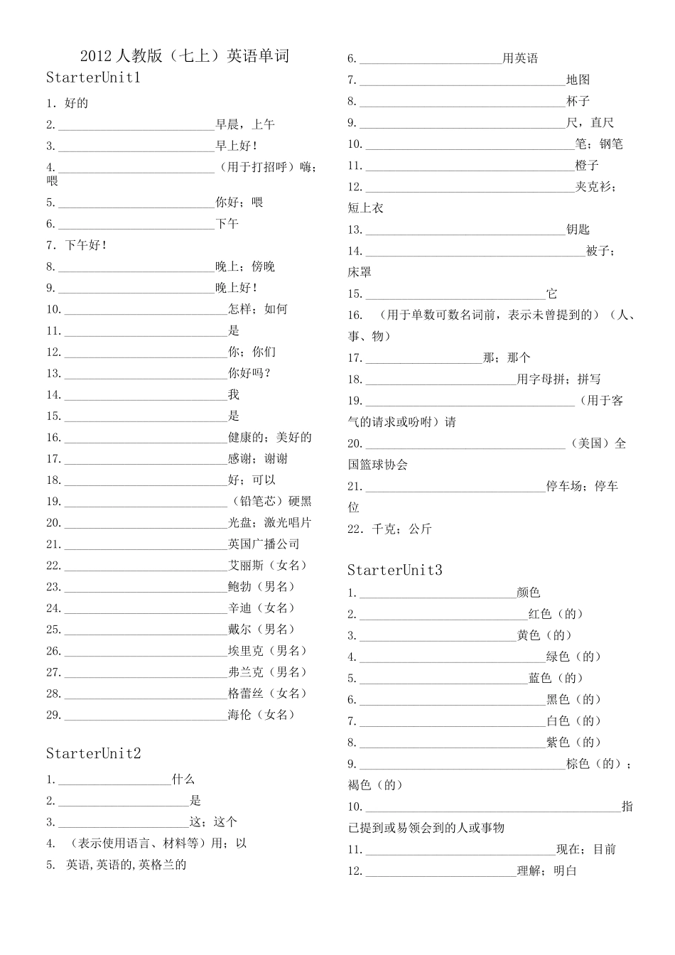 人教版七年级上册单词表默写版_第1页