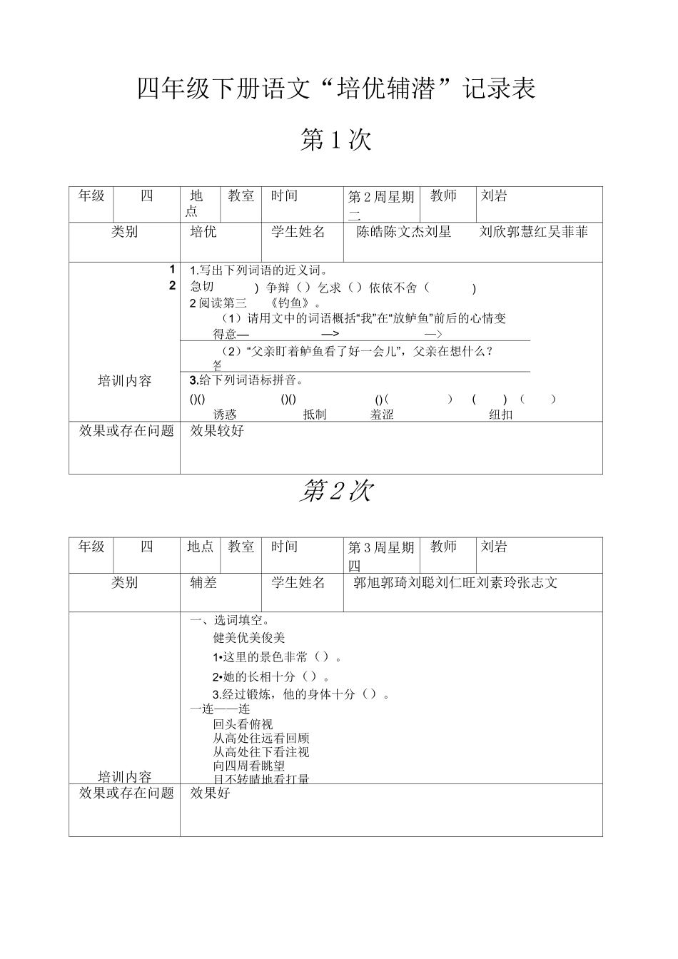 四年级语文培优辅差记录表_第1页