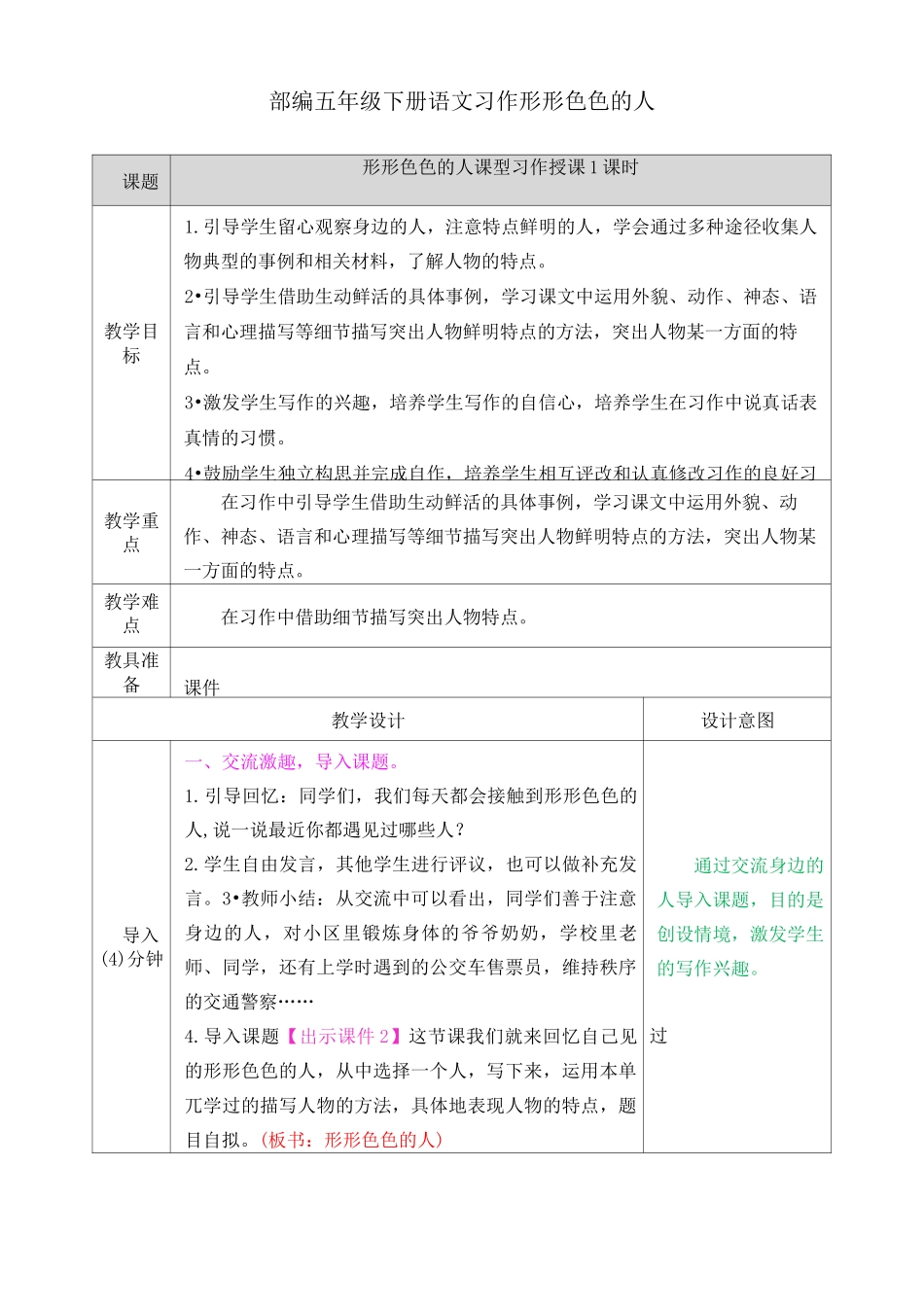 部编五年级下册语文习作：形形色色的人教案_第1页