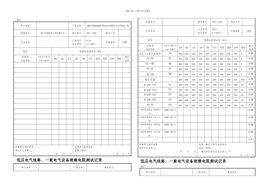 低压电气线路照明配电箱绝缘电阻测试记录_第1页