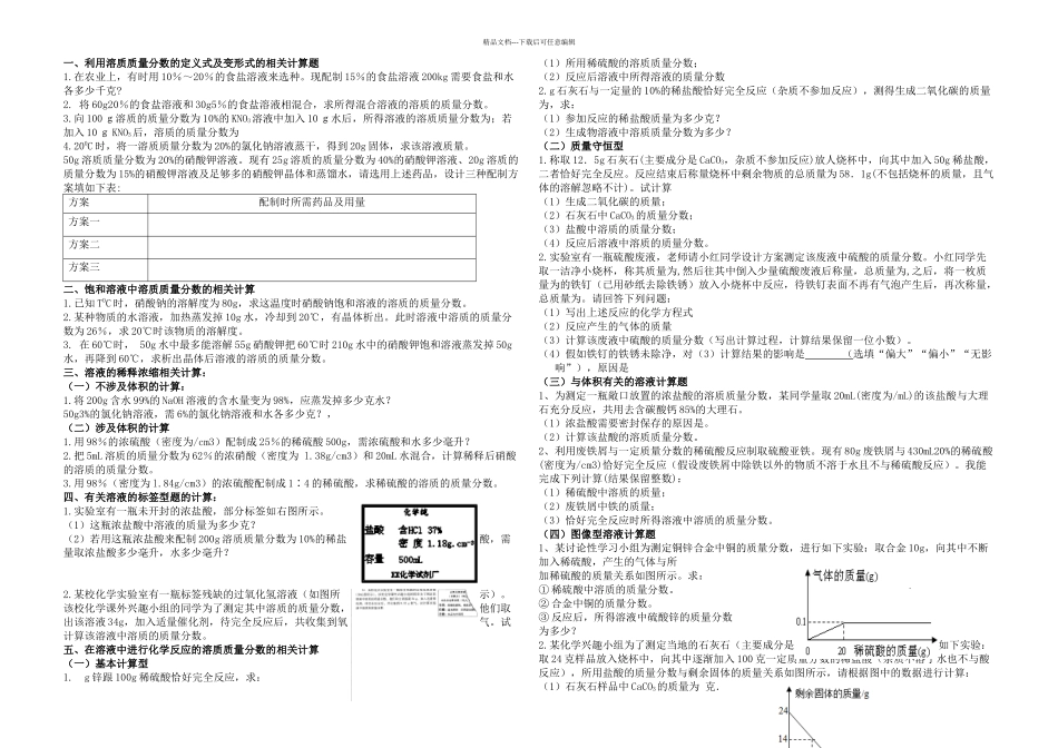初三化学有关溶液的相关计算题及答案_第1页