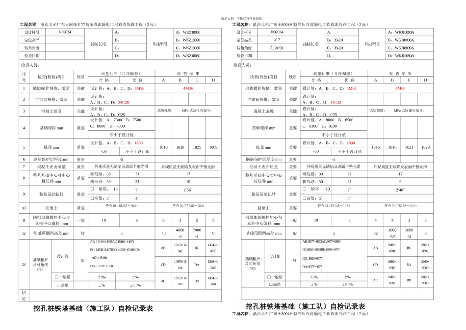 挖孔桩铁塔基础施工队级质量检查记录主线路_第1页