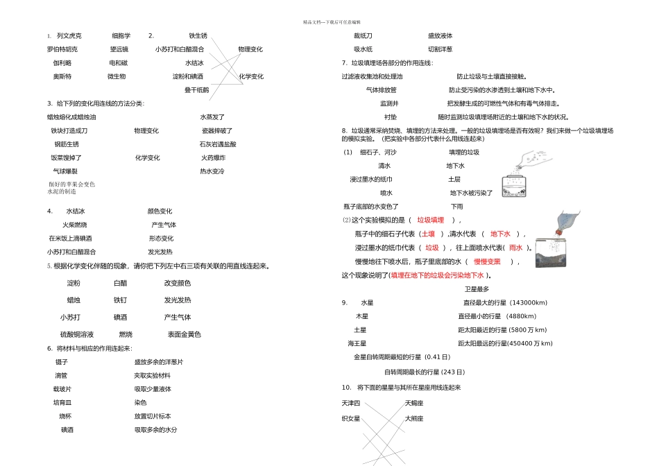 教科六年级科学连线题及部分常考题考试必备_第1页