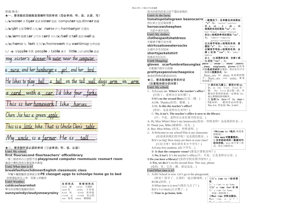 新PEP小学英语四年级下册单词句子总复习资料_第1页