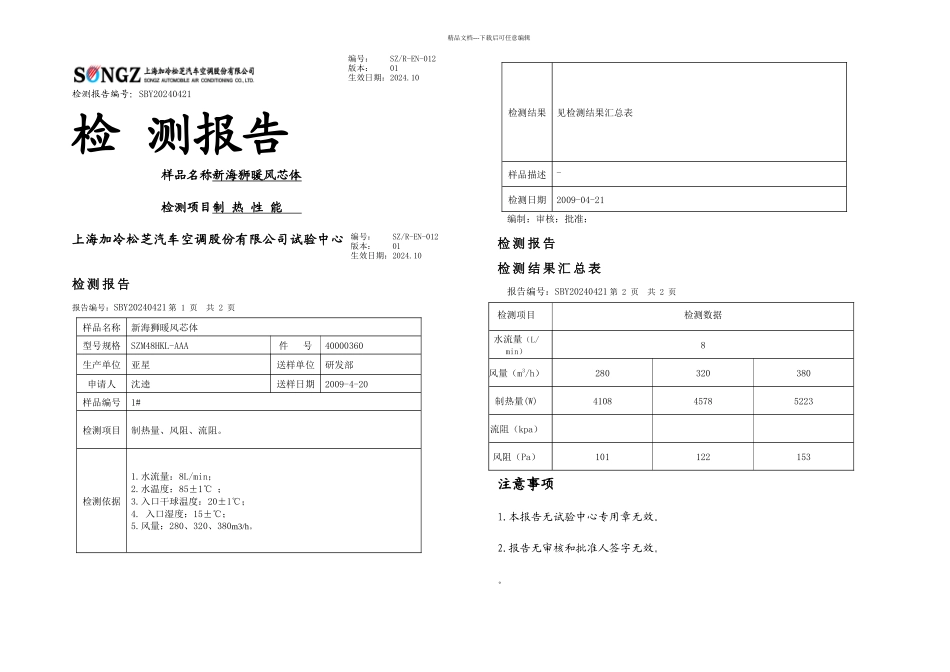 新海狮暖风芯体制热性能_第1页
