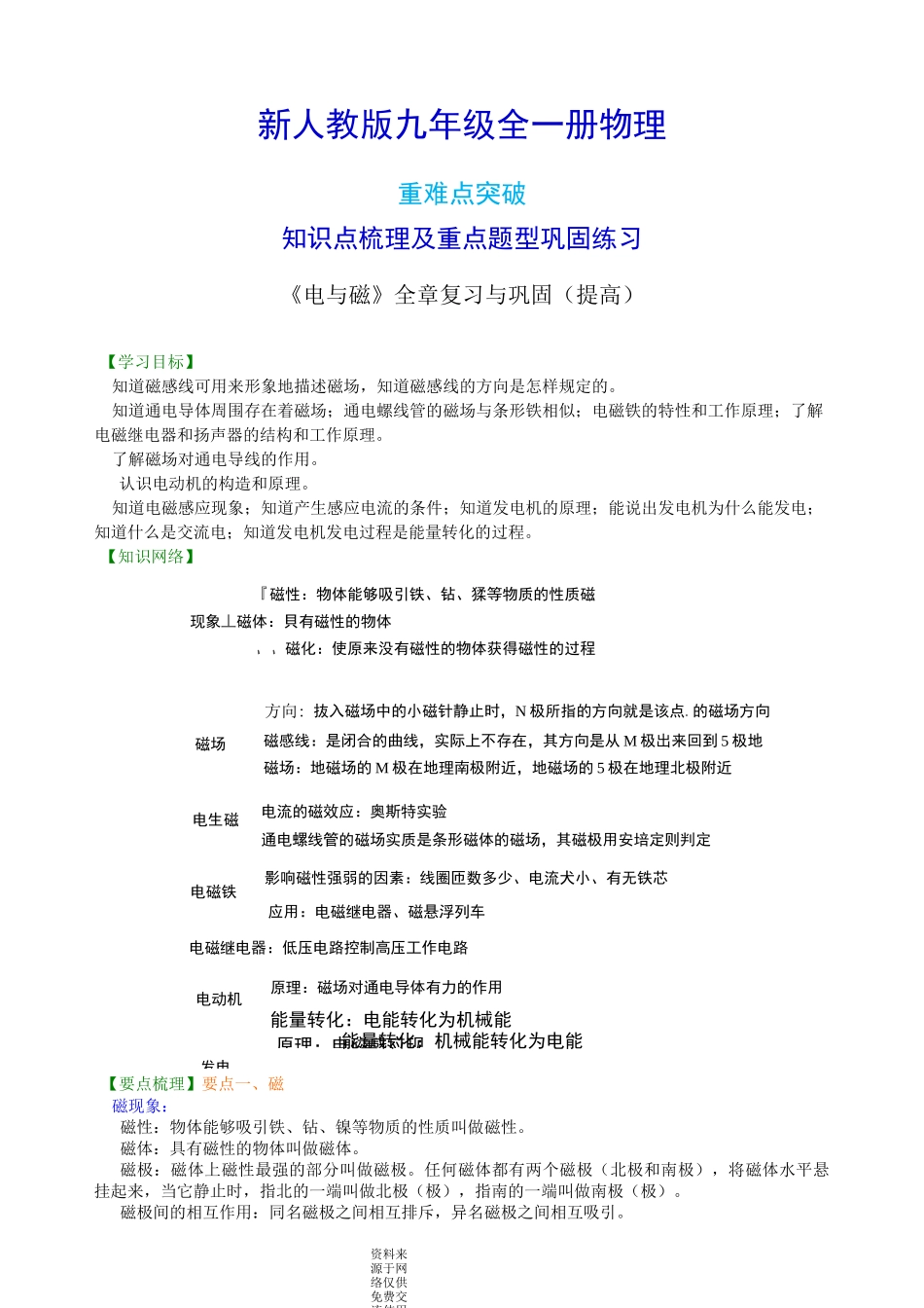 新人教版九年级全册物理[《电与磁》全章复习与巩固(提高) 知识点整理及重点题型梳理]_第1页