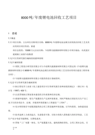 8000吨年废锂电池回收工艺项目可行性实施报告