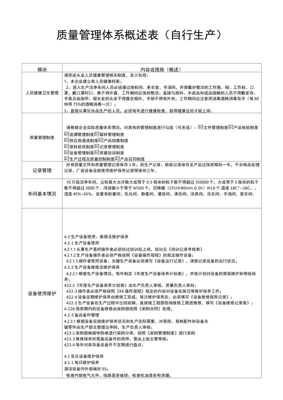 质量管理体系概述表(自行生产)_第1页