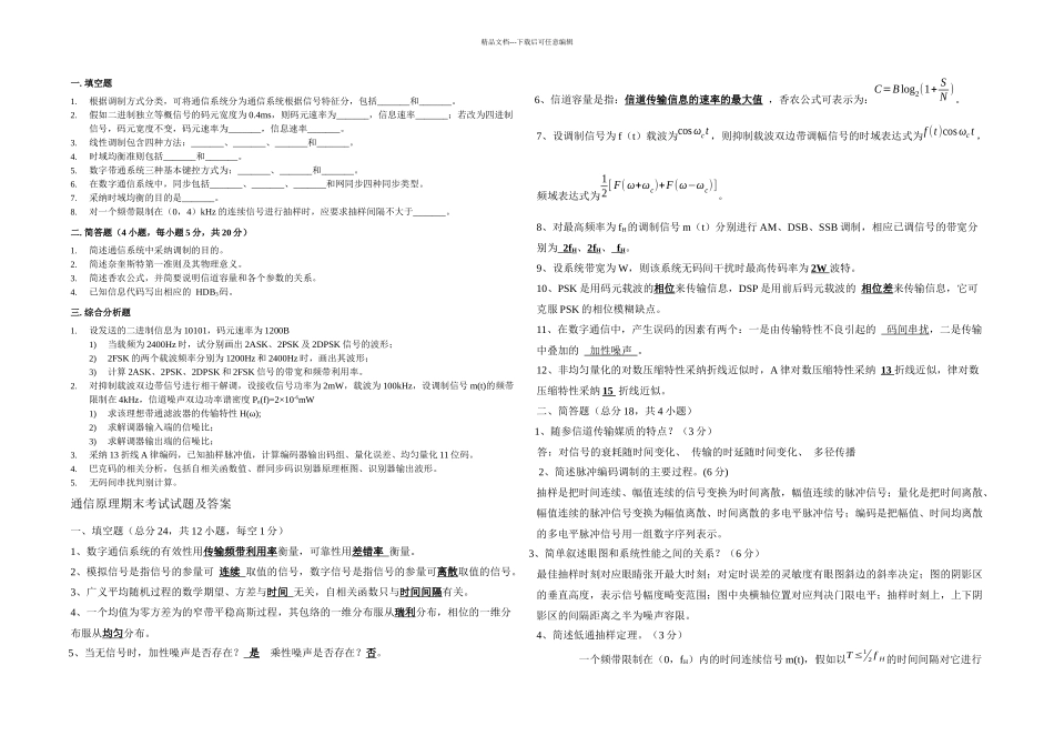 武汉理工大学通信原理期末考试试题及答案_第1页
