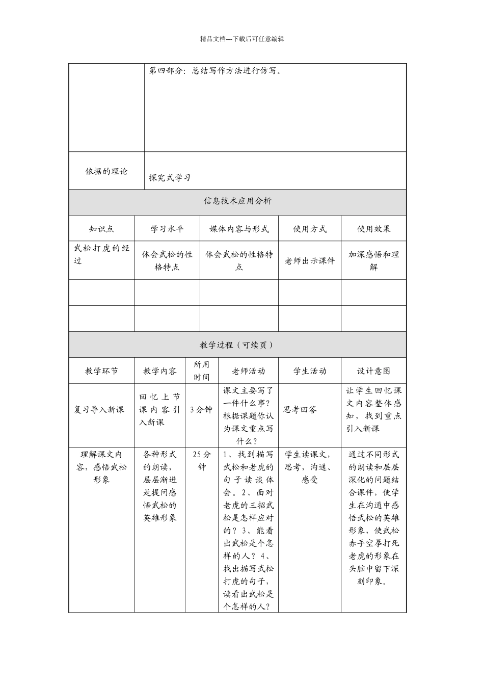 语文S版五年级上册《武松打虎》表格教学设计_第2页