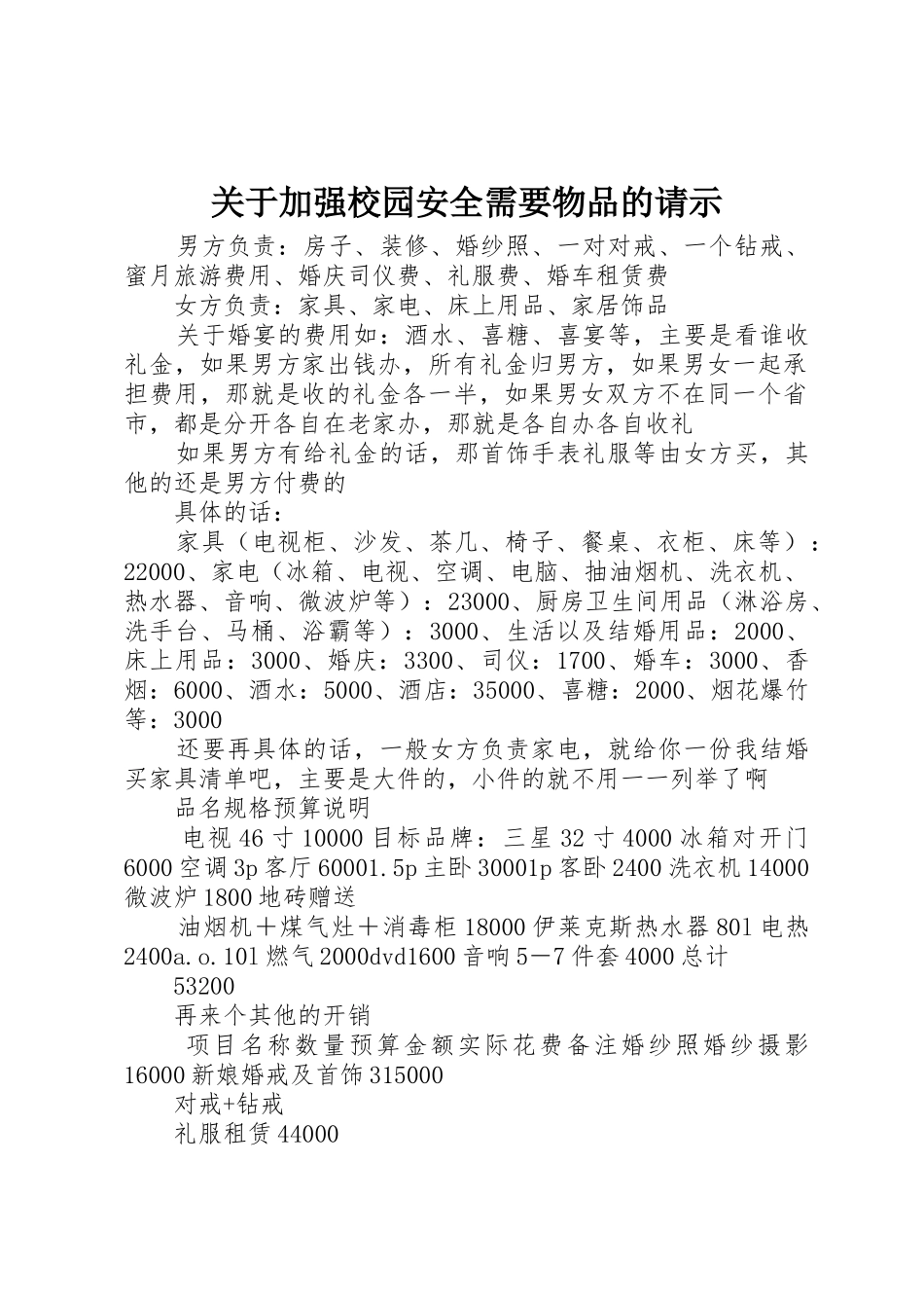 关于加强校园安全需要物品的请示_第1页