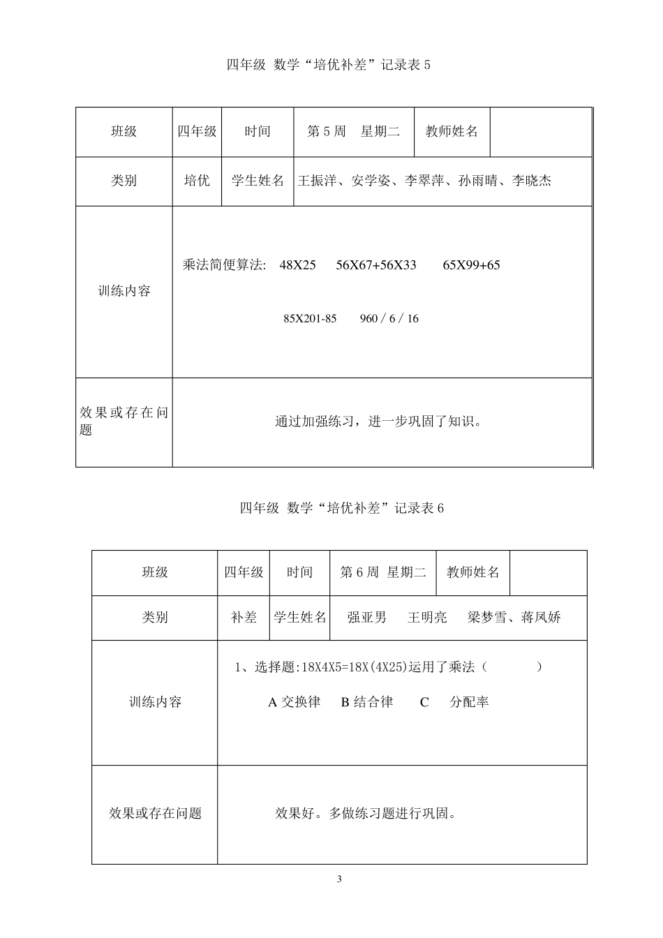 四年级下册数学培优补差记录表_第3页