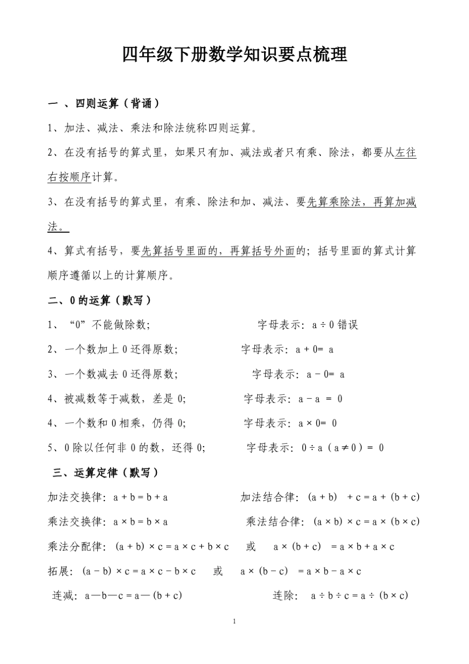 四年级下册数学知识要点梳理_第1页