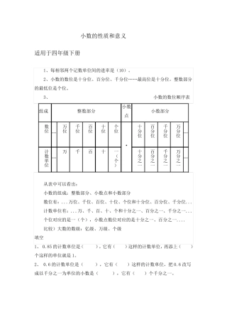 四年级下册第四章小数的意义和性质单位换算