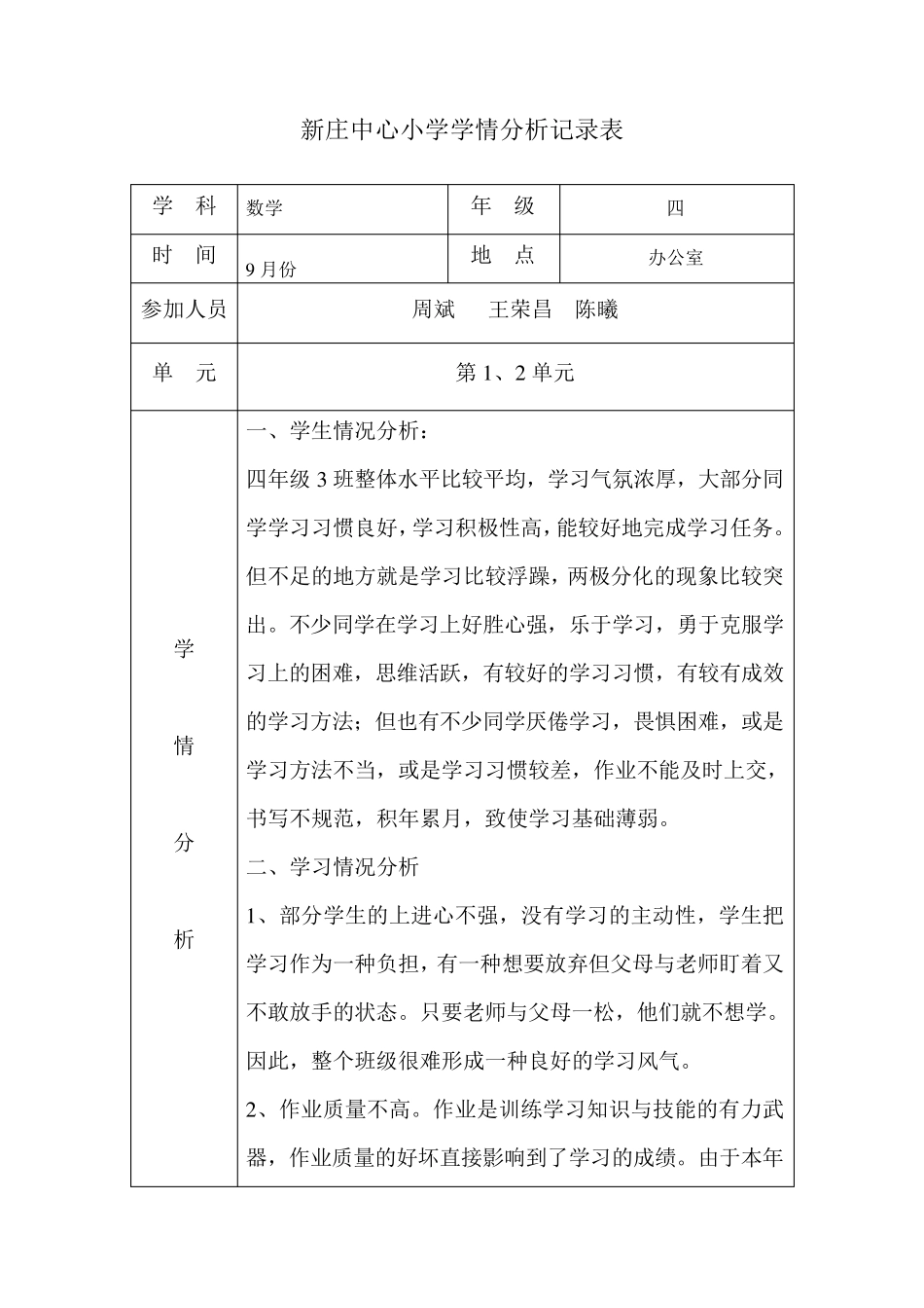 四年级学情分析记录表_第1页