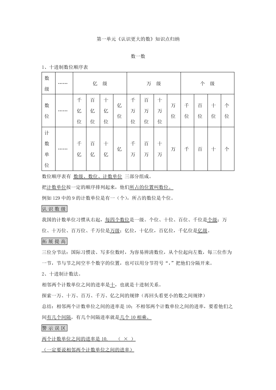 四年级数学上册第一单元《认识更大的数》知识点归纳及练习_第1页