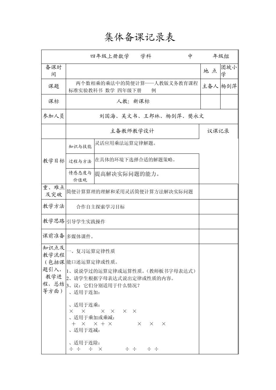 四年级数学集体备课记录表杨剑萍(定案)_第1页