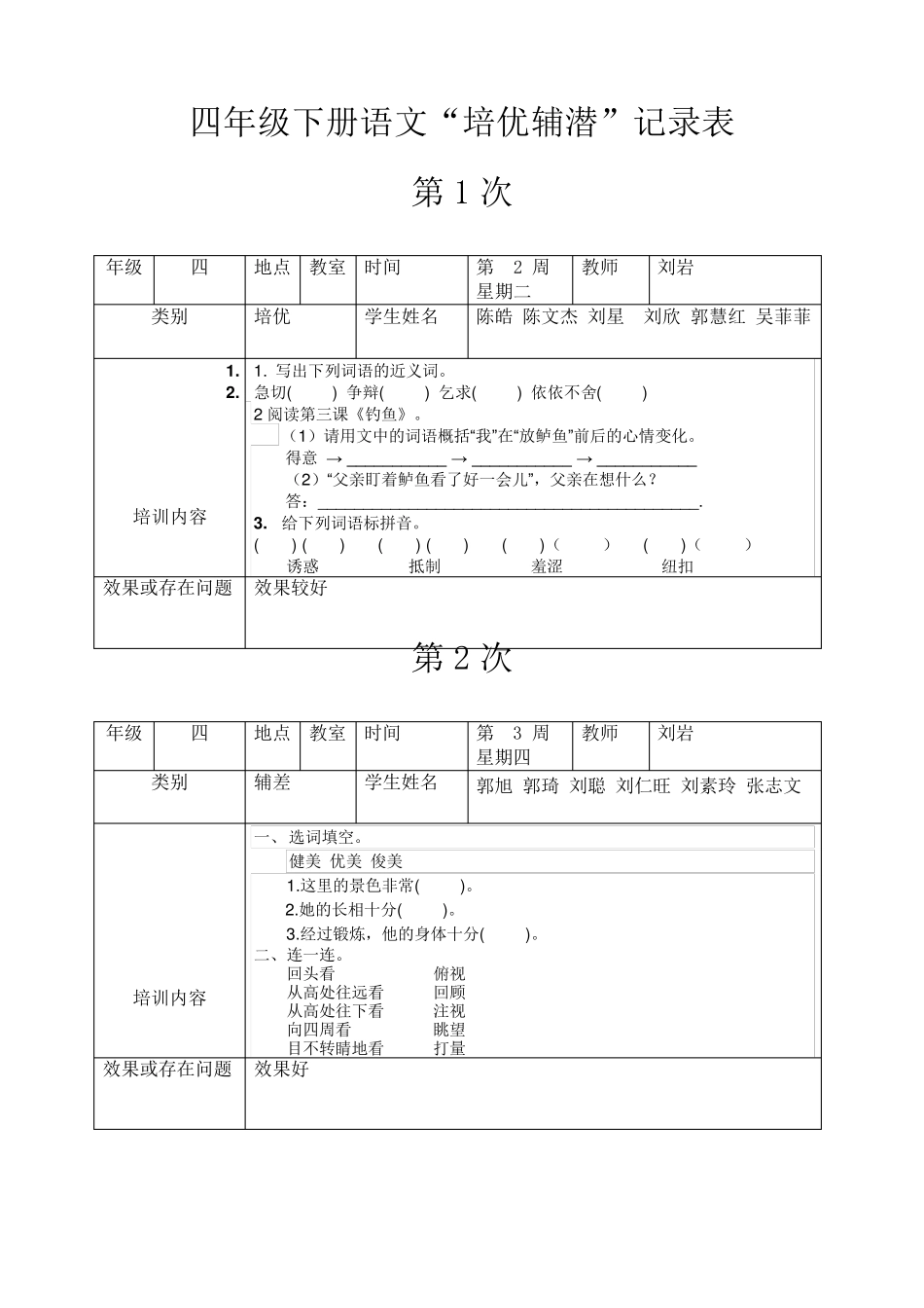 四年级语文培优辅差记录表_第1页