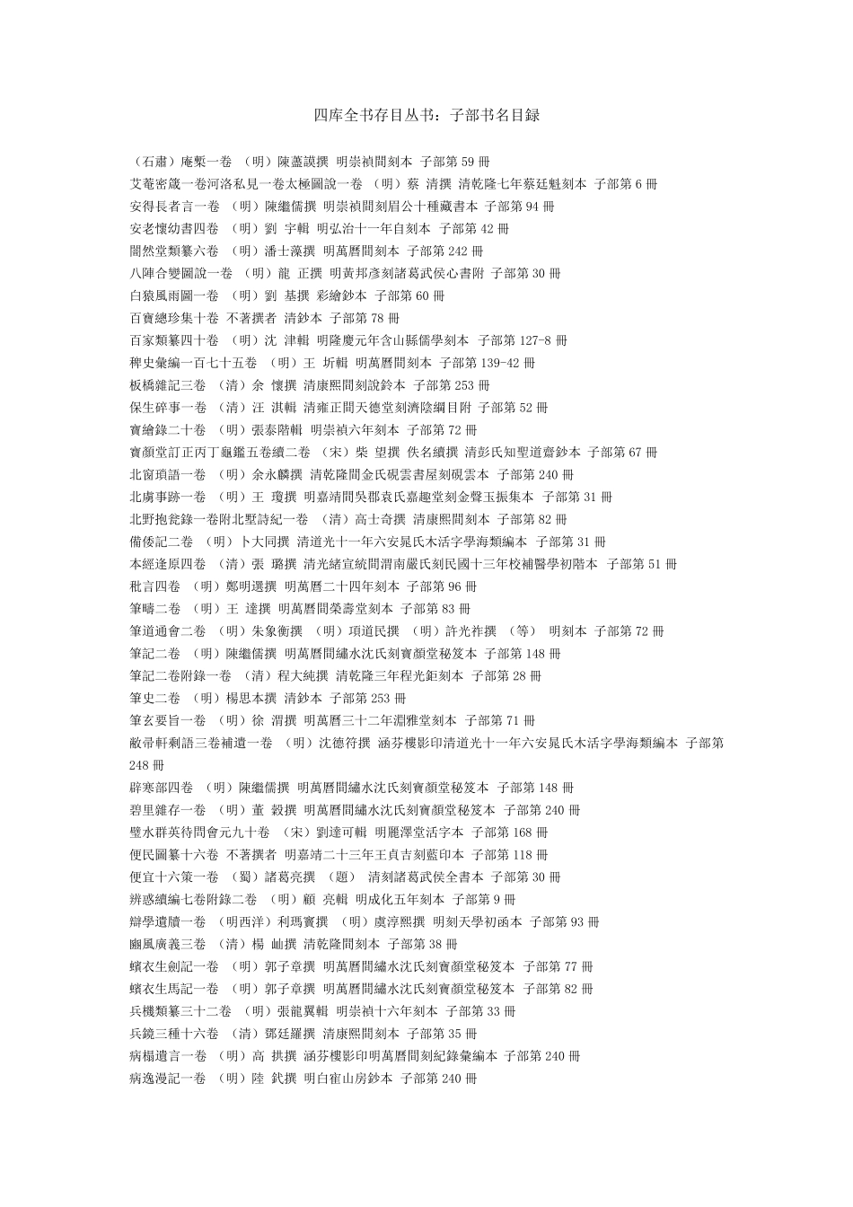 四库全书存目丛书：子部书名目录_第1页