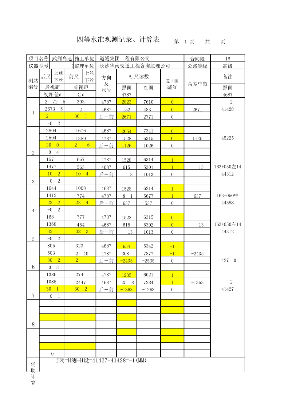 四等水准观测记录计算表MicrosoftExcel校核成果用_第1页