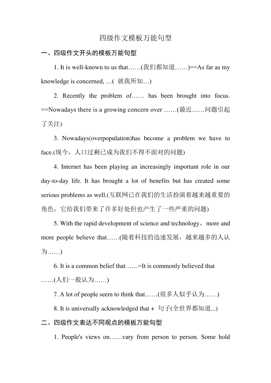 四级作文模板万能句型四级模版万能句型_第1页