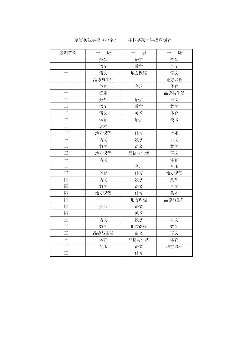 学富实验学校(小学)2009年秋学期一年级课程表_第1页