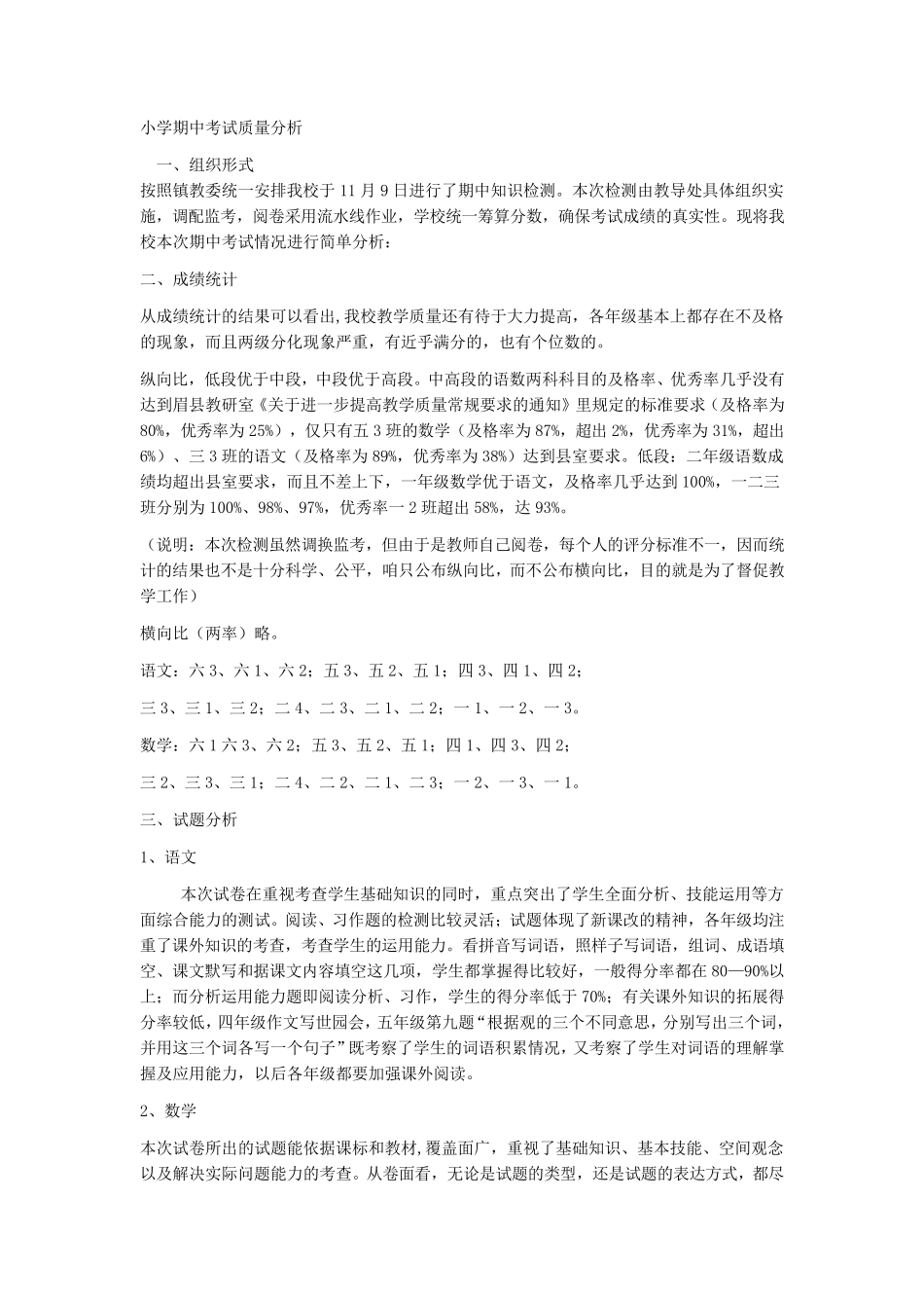 学校上学期期中考试质量分析报告_第1页