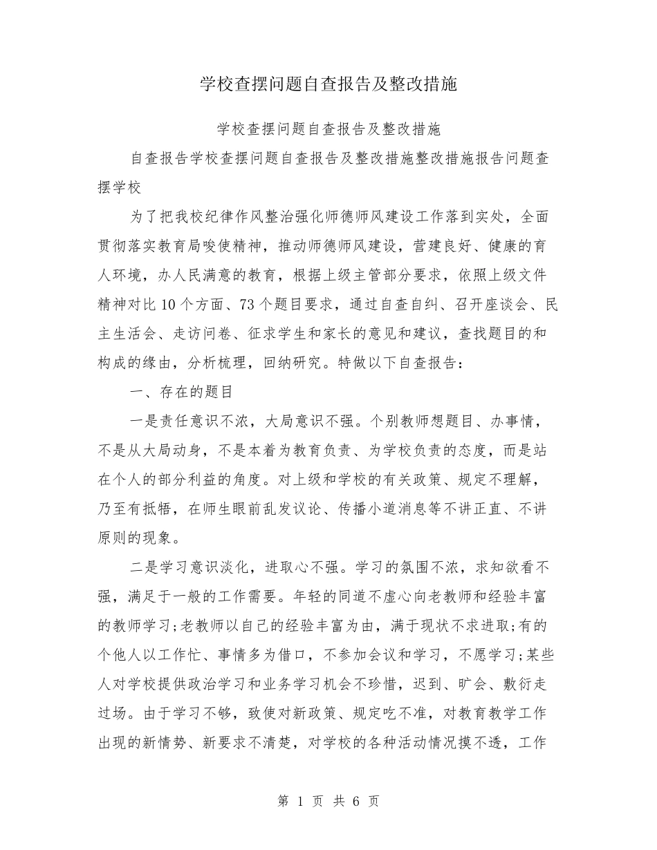 学校查摆问题自查报告及整改措施_第1页