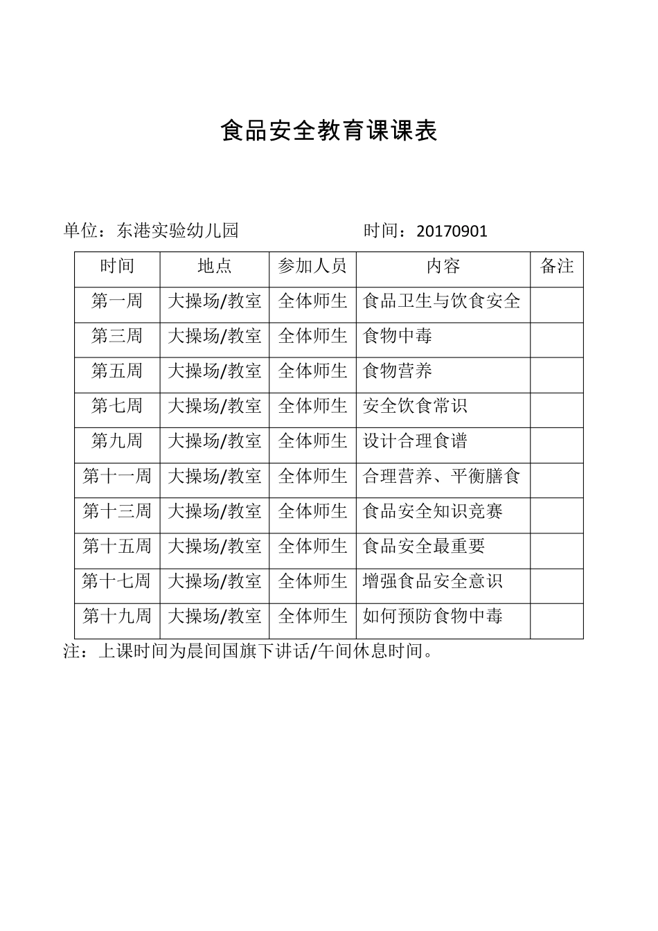 学校通用食品安全课程表及内容_第1页