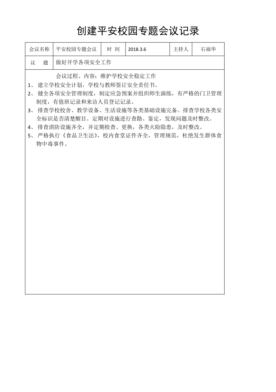 学校食品安全专题会议记录模板_第1页