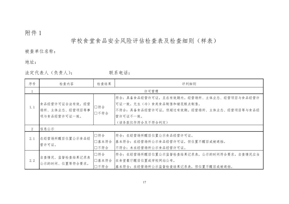 学校食堂安全风险评估检查样表_第1页