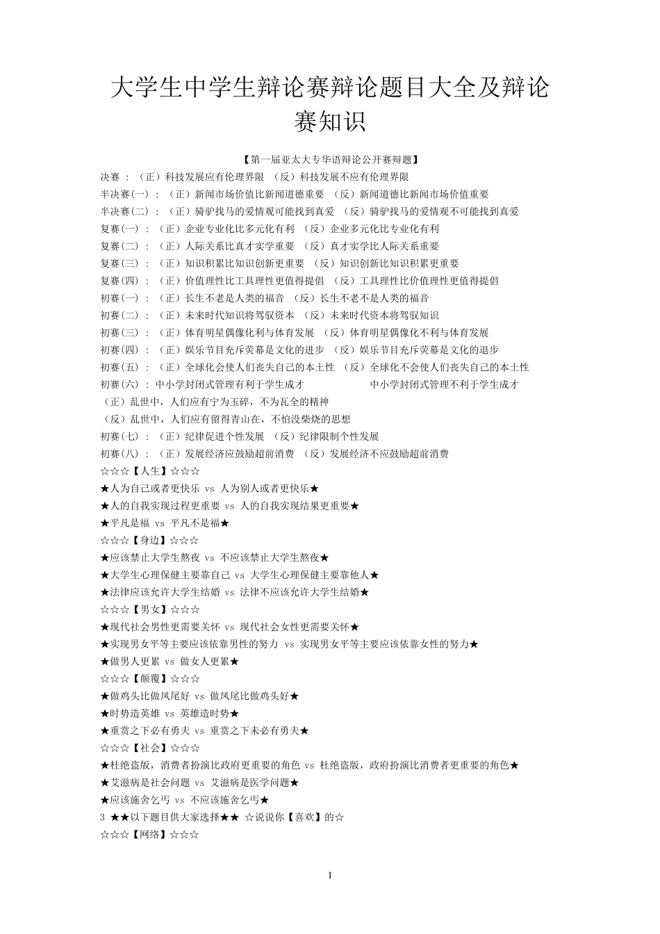 学生中学生辩论赛辩论题目大全及辩论赛知识_第1页