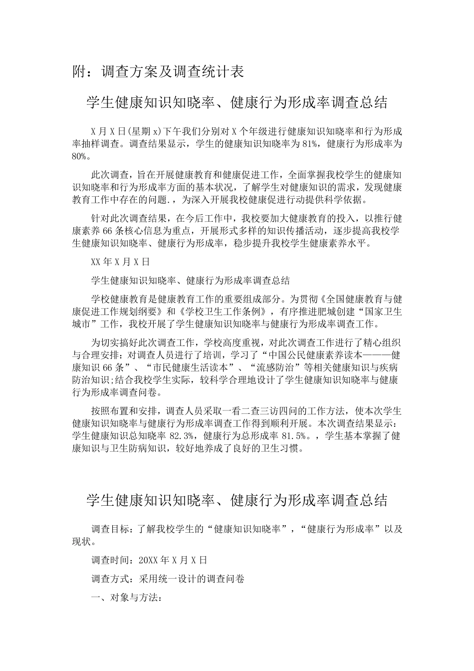 学生健康知识知晓率行为形成率调查报告(总结报告范文模板)_第1页
