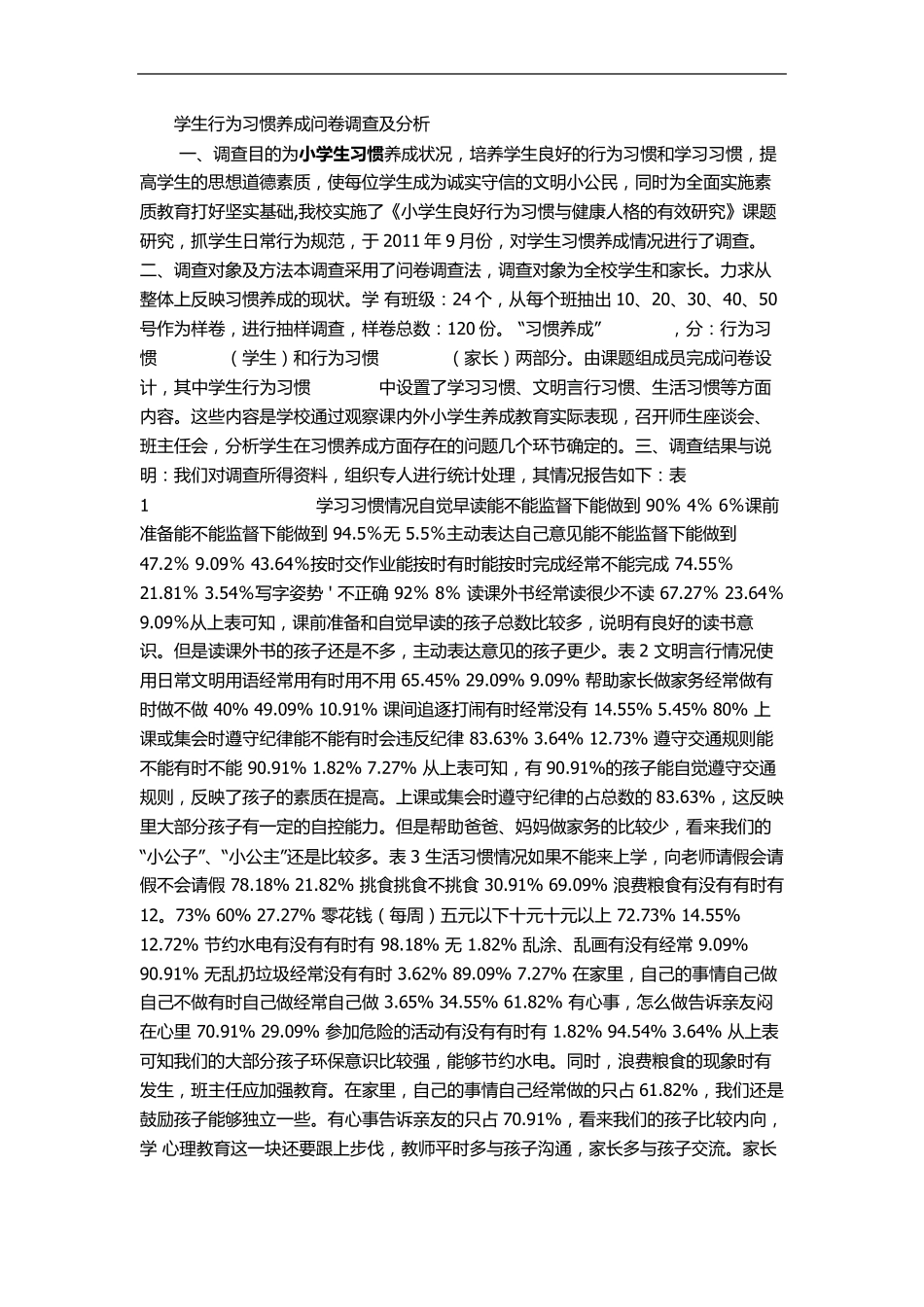 学生行为习惯养成问卷调查及分析_第1页