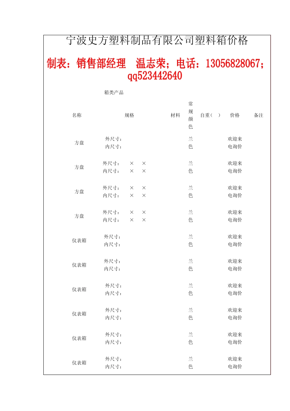 宁波塑料箱,周转箱价格规格表_第1页
