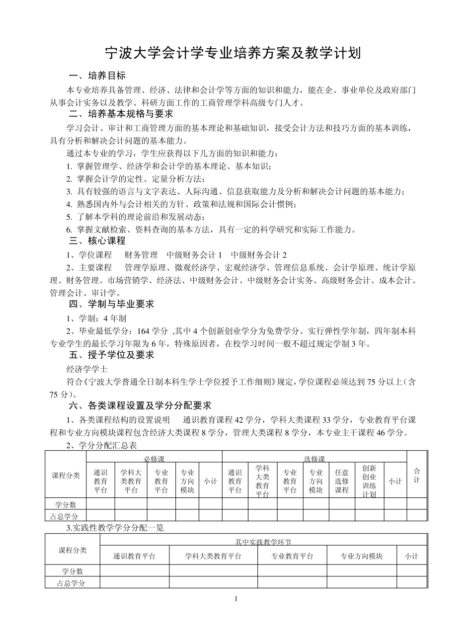 宁波大学会计学专业培养方案及教学计划(09.9)_第1页