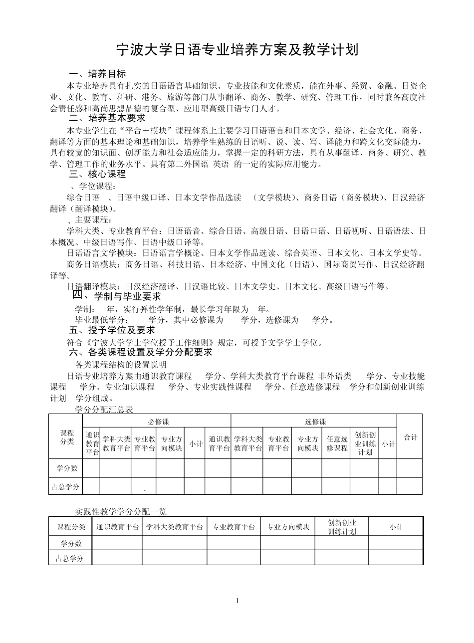 宁波大学日语专业培养方案及教学计划_第1页