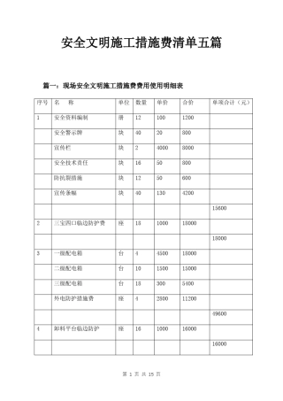 安全文明施工措施费清单五篇