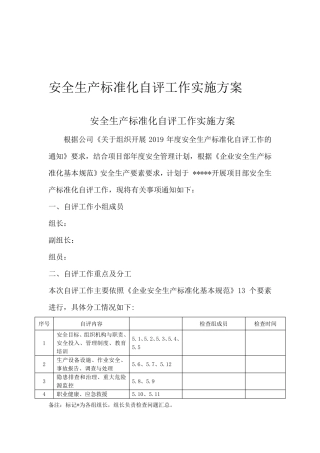 安全生产标准化自评工作方案