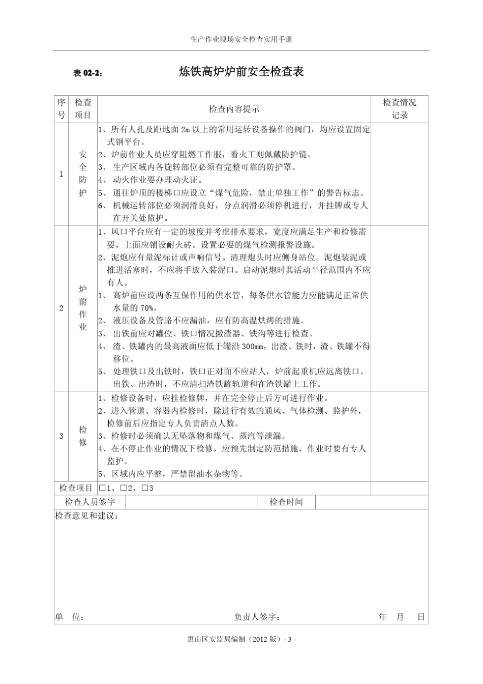 安全生产现场检查第二部分冶金行业生产作业现场安全检查表_第3页