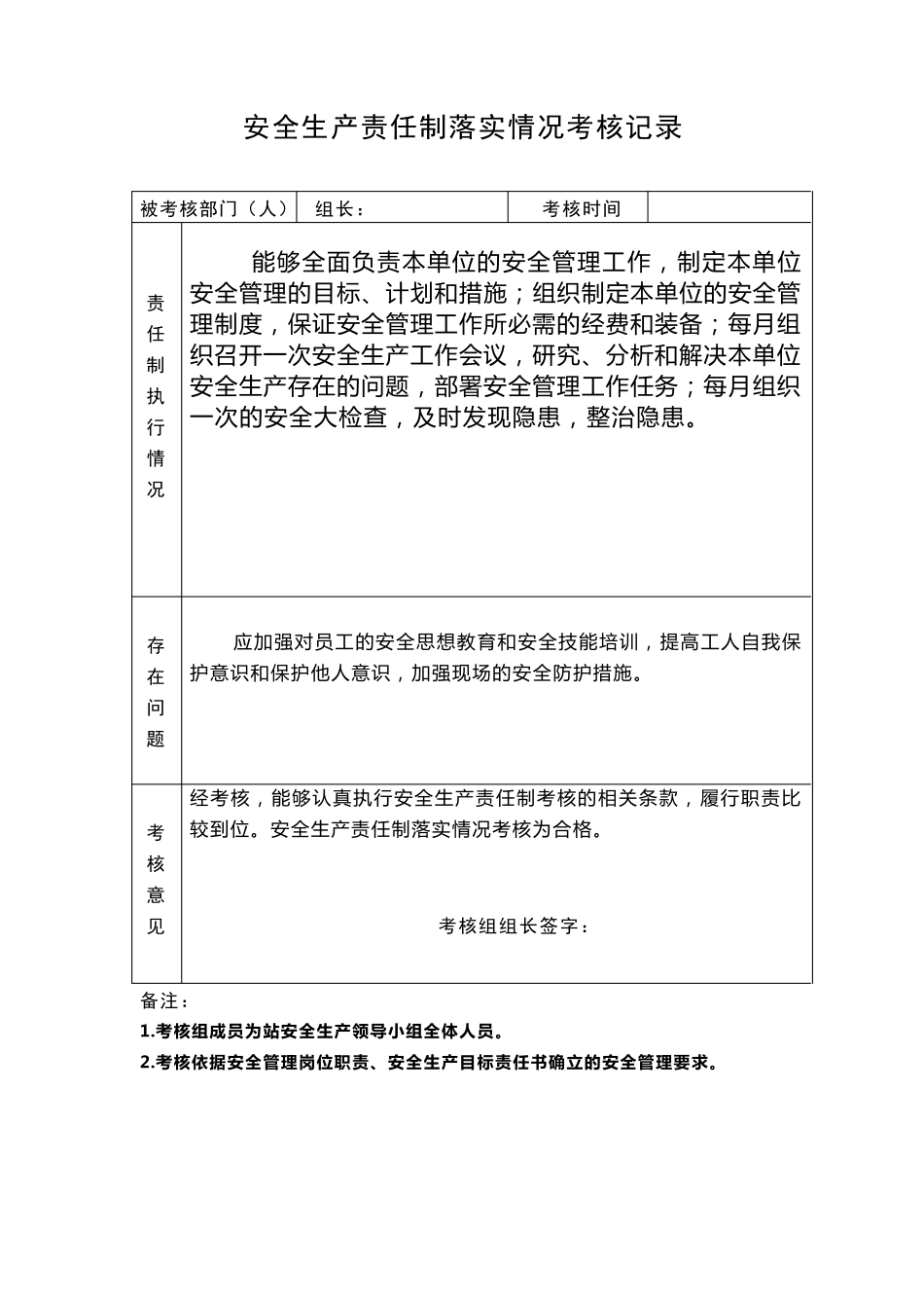 安全生产责任制落实情况考核记录_第1页