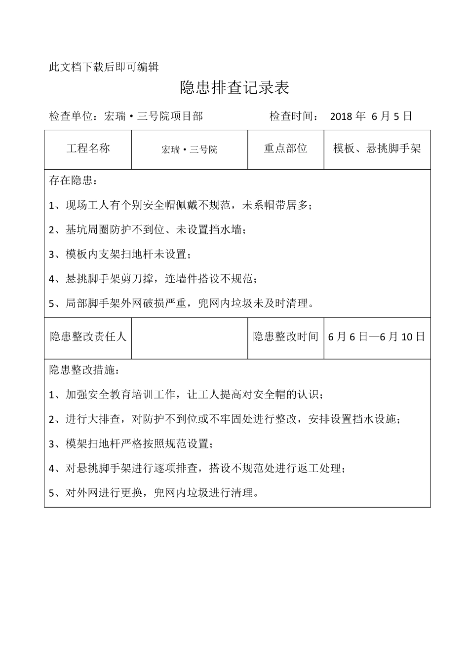 安全隐患排查记录表(日常检查)(完整资料)_第1页