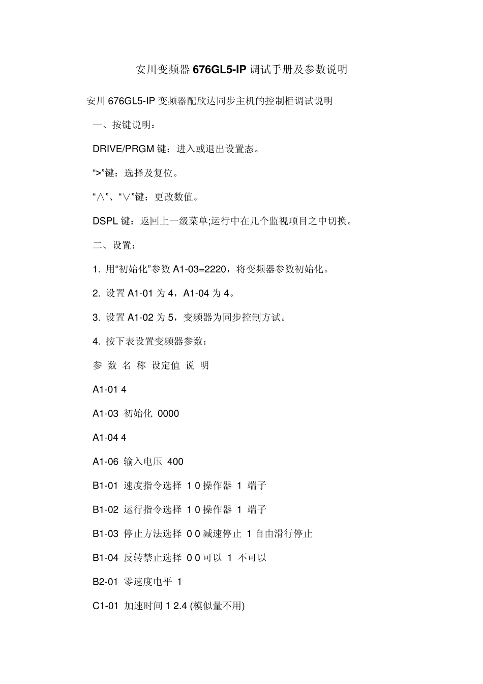 安川变频器676GL5IP调试手册及参数说明_第1页